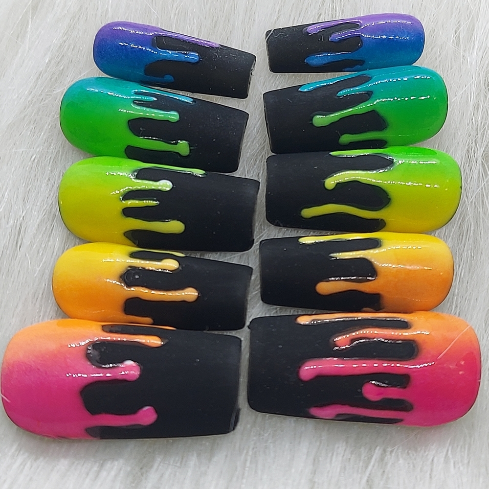 Black Rainbow Paint Drip Press on Nails- medium